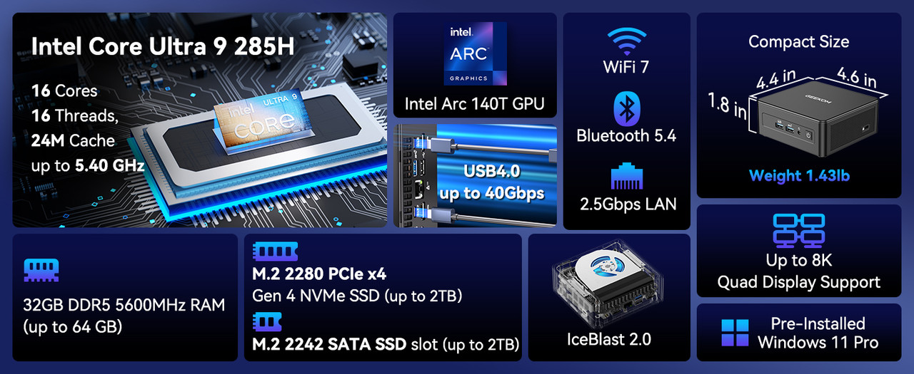 GEEKOM IT15 Mini PC, Intel Core Ultra 9 285H, 32GB DDR5, 2TB SSD