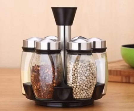 6pcs Rotating Glass Spice Jars Set Stainless Steel Cap