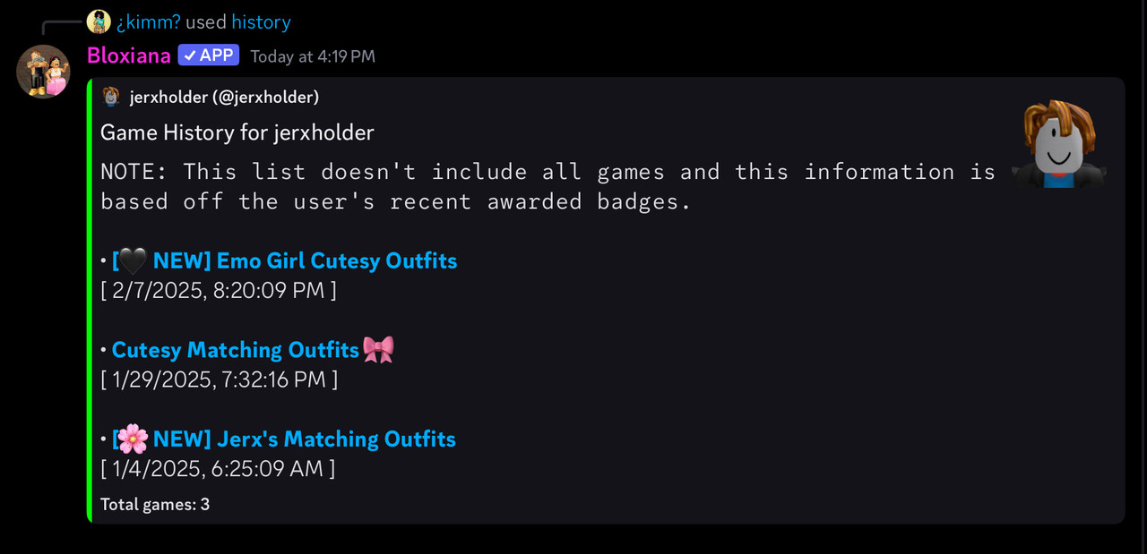Game History feature example