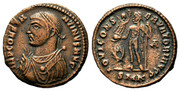 Nummus a nombre de Constantino I. IOVI CONSERVATORI AVGG. Júpiter a izq. Cycico Smg-1315