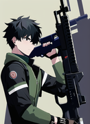 black hair, cyberpunk, teenage, 1 boy, assault rifle, green bridge, black eye, c s-1802108953