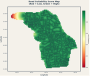 Road suitability score heatmap, green means high score