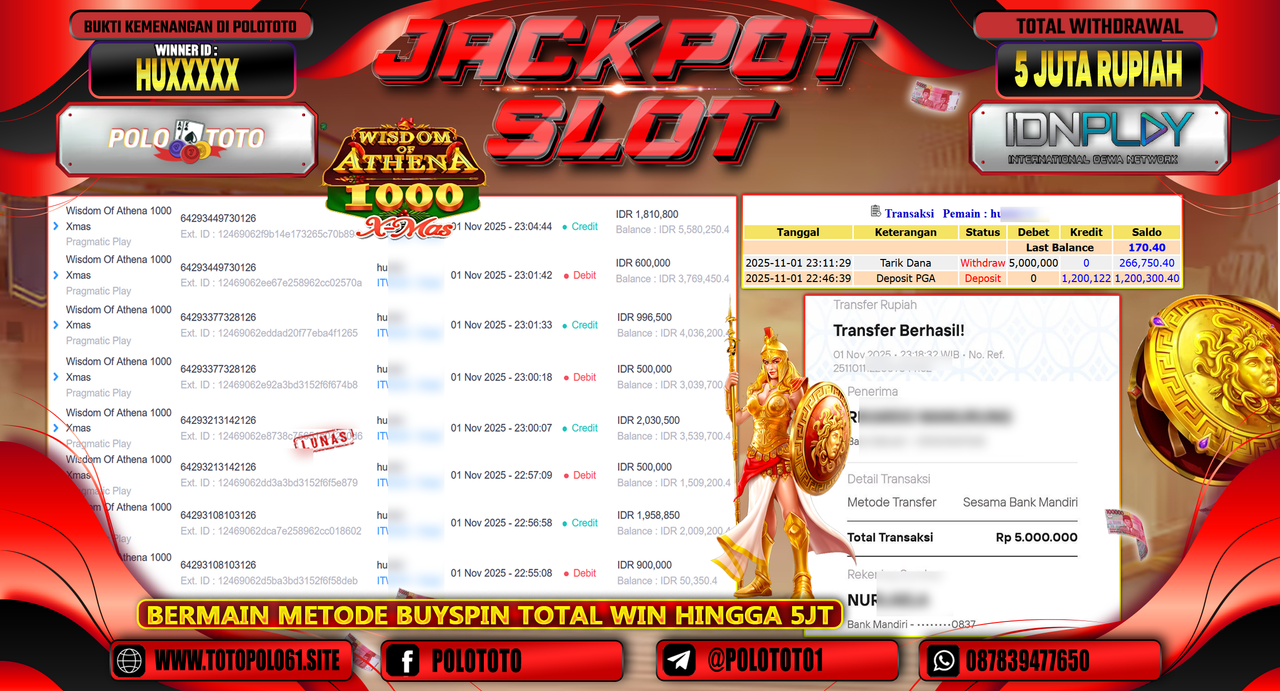POLOTOTO JACKPOT SLOT WISDOM OF ATHENA 1000 XMAS Rp.5.000.000,- LUNAS