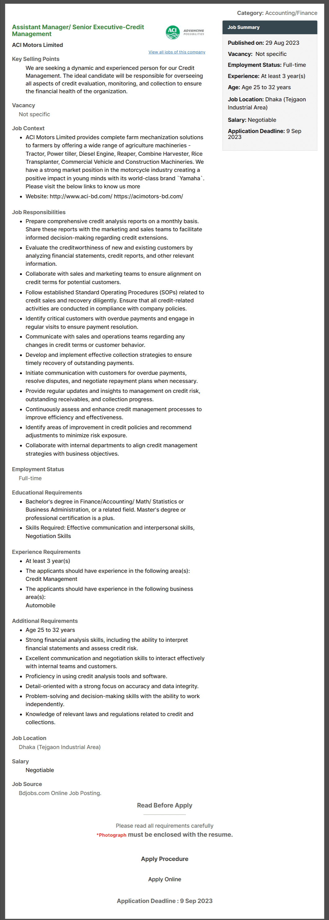 ACI Motors Limited Job Circular 2026