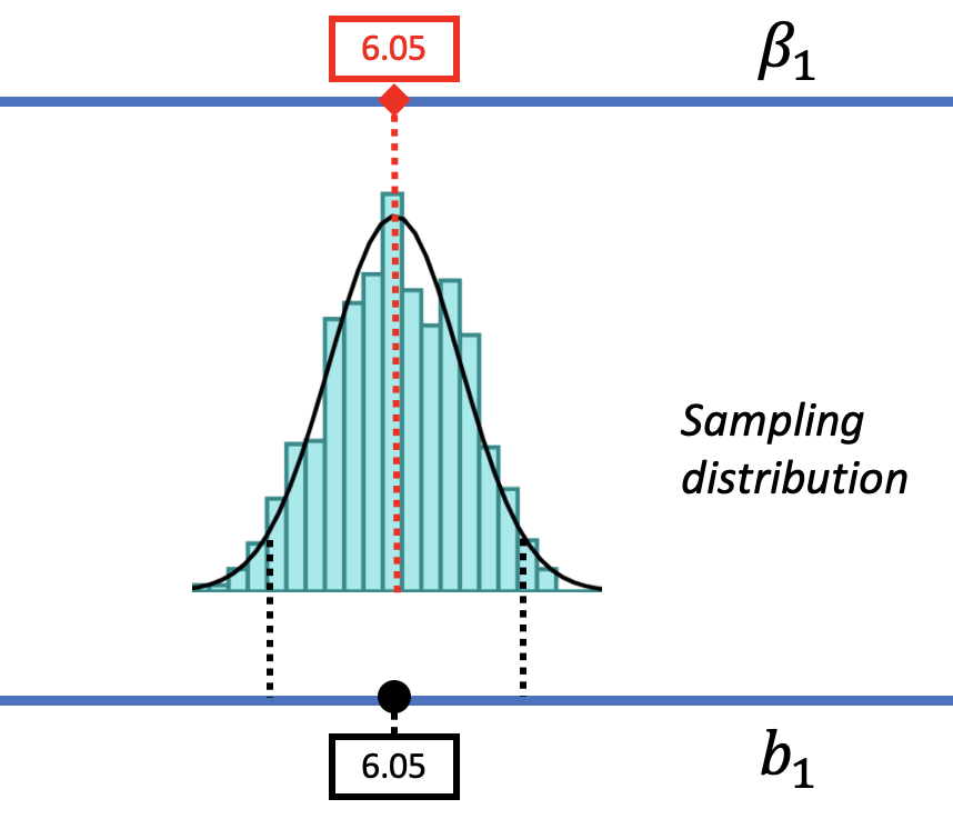 On the right, the same three-layered diagram of the beta-sub-1, the sampling distribution of b1, and the sample b1 that appears to the left, but the beta-sub-1 is set to 6.05, so the sampling distribution is also centered at 6.05. The sample b1 of 6.05 falls right in the middle of the distribution as well.