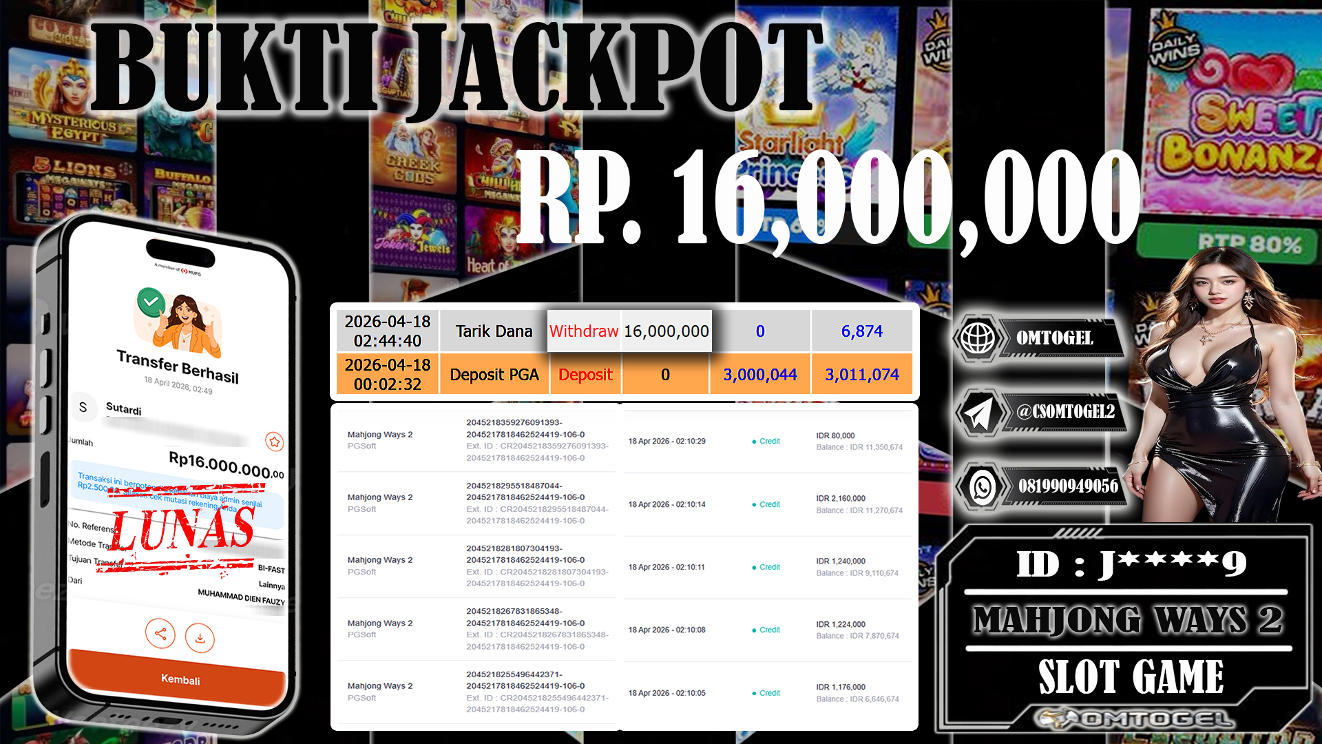 OMTOGEL JACKPOT PGSOFT MAHJONG WAYS 2 , 16 JUTA DI BAYAR LUNAS ,-