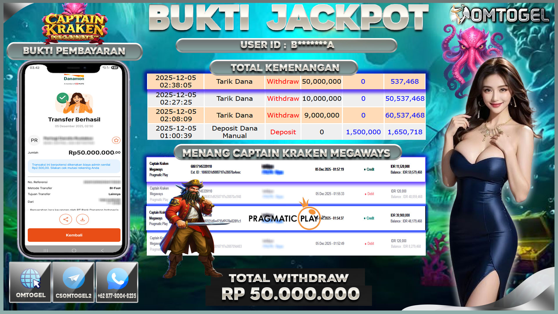 OMTOGEL JACKPOT PRAGMATIC PLAY CAPTAIN KRAKEN MEGAWAYS  ,50 JUTA DI BAYAR LUNAS ,-