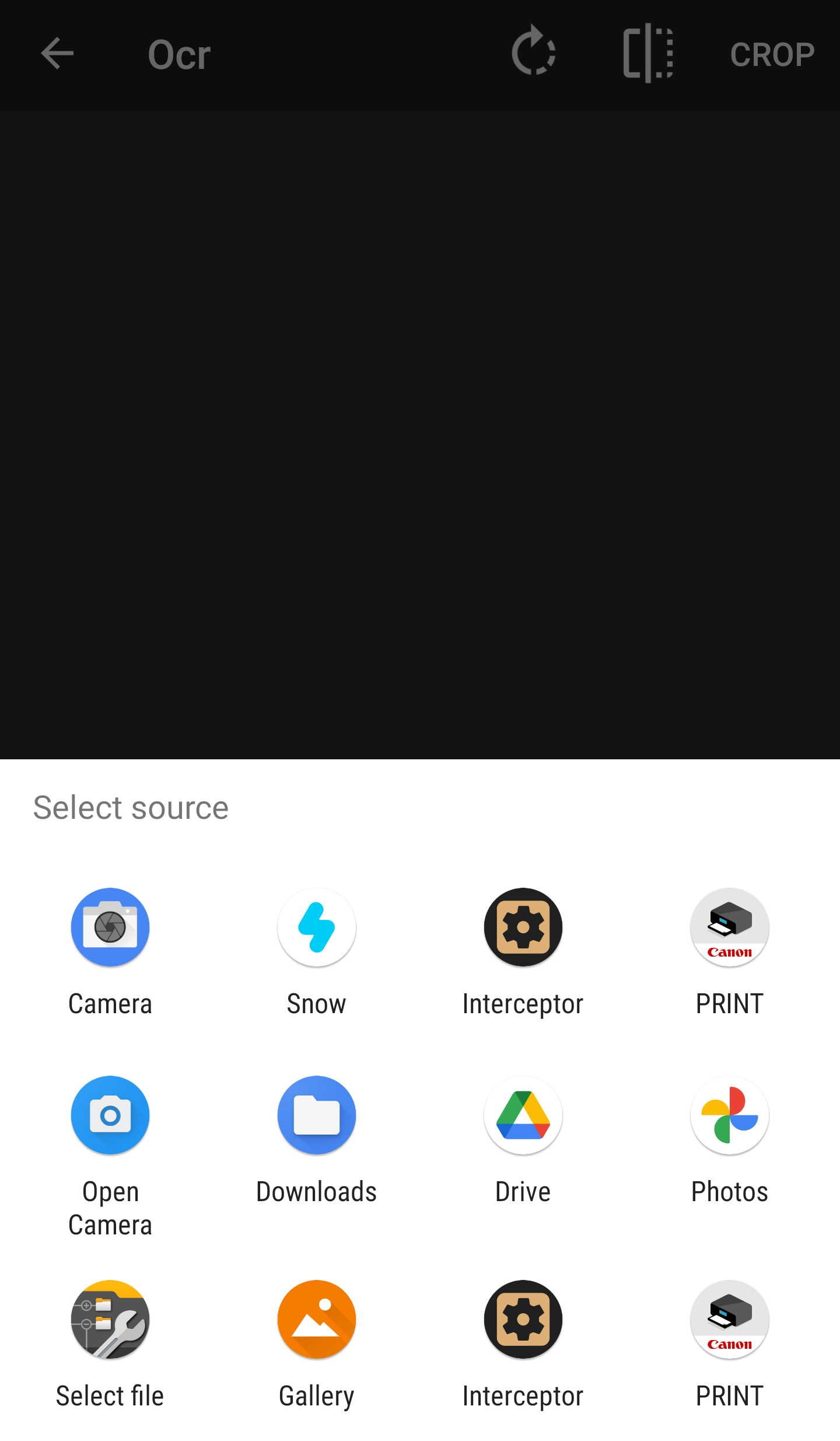 Screencap. Shows that the "Select source" panel has two options that can be intercepted by App Manager.