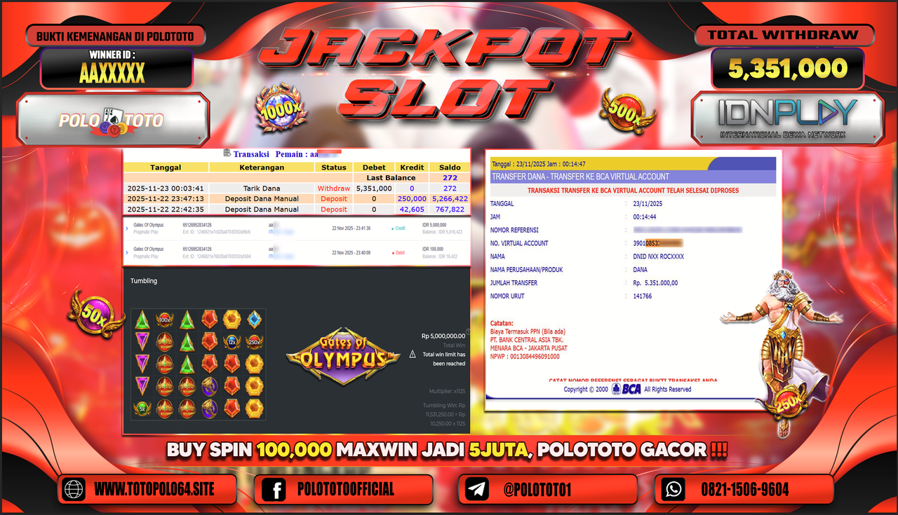 POLOTOTO JACKPOT SLOT GATES OF OLYMPUS Rp..5.351.000,- LUNAS