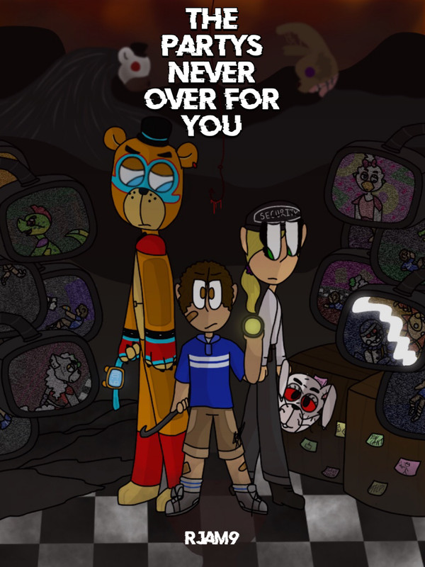 A digitally drawn cover for the fic. Freddy and Vanessa stand on either side of Gregory, who is holding a flashlight and looks serious. They are surrounded by screens showing the other animatronics and Gregory’s many deaths. In the background, the Blob and the Monster loom, shadowed by fire.