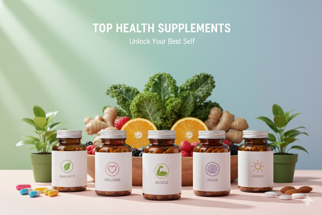 Top health supplements with fresh fruits and greens