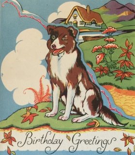 A birthday card featuring a picture of a dog in the countryside
