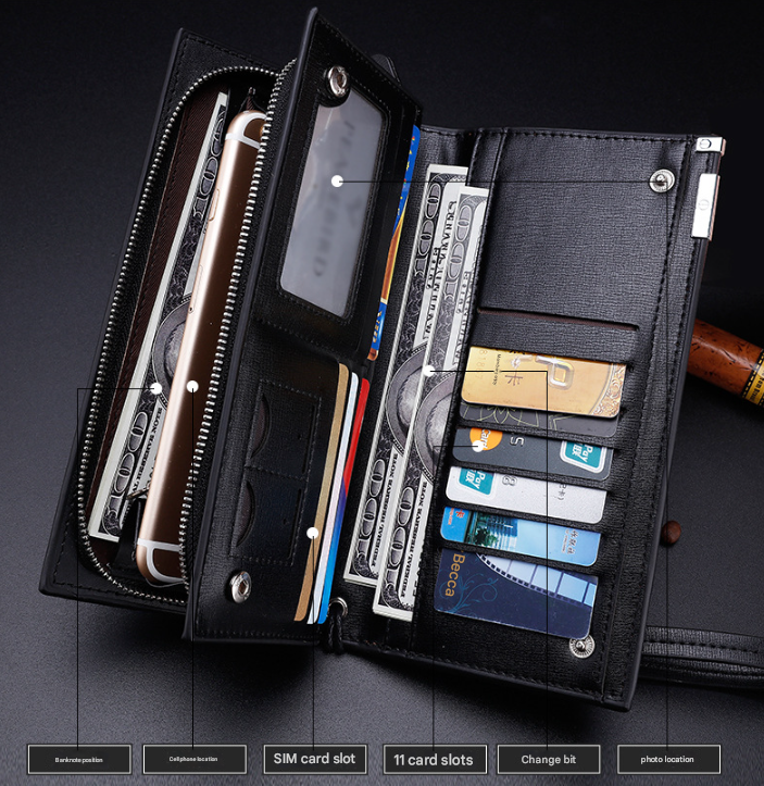Brown Men's Business Casual Long Wallet Clutch - PU Leather Large Capacity Phone & Card Holder with Wrist Strap