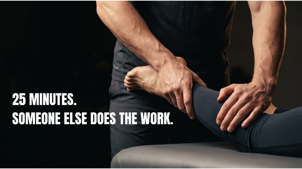 25 minutes. Someone else does the work. A Sportset coach guiding a client through an assisted stretch.