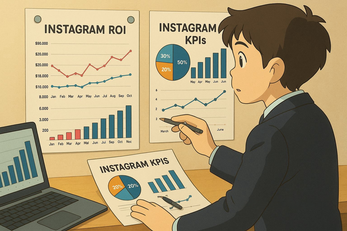 Businessman looking Instagram ROI and KPIs charts with revenue growth data