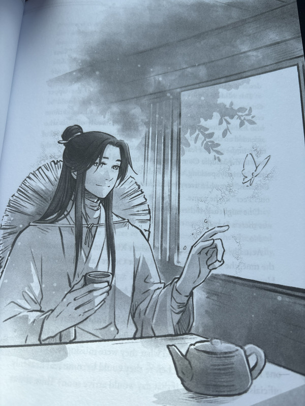 illustration of a character sitting by a window extending a finger for a butterfly