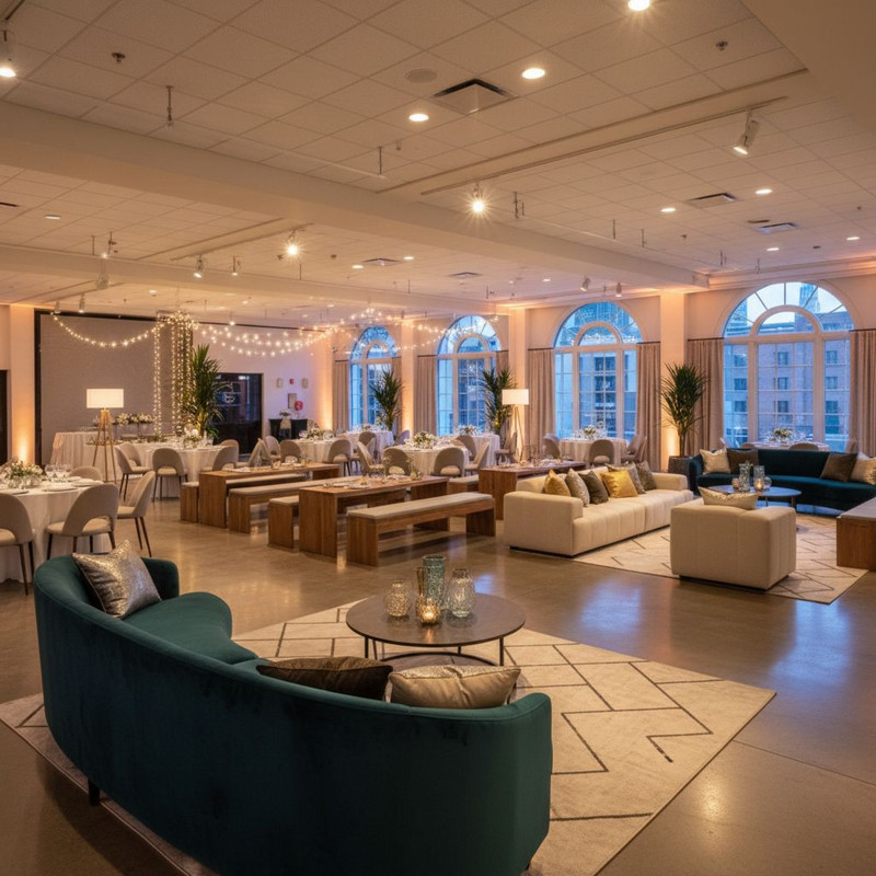 Ассортимент мебели для мероприятий в аренду, включая стильные стулья, столы и диваны для лаунж-зоны в элегантном зале.