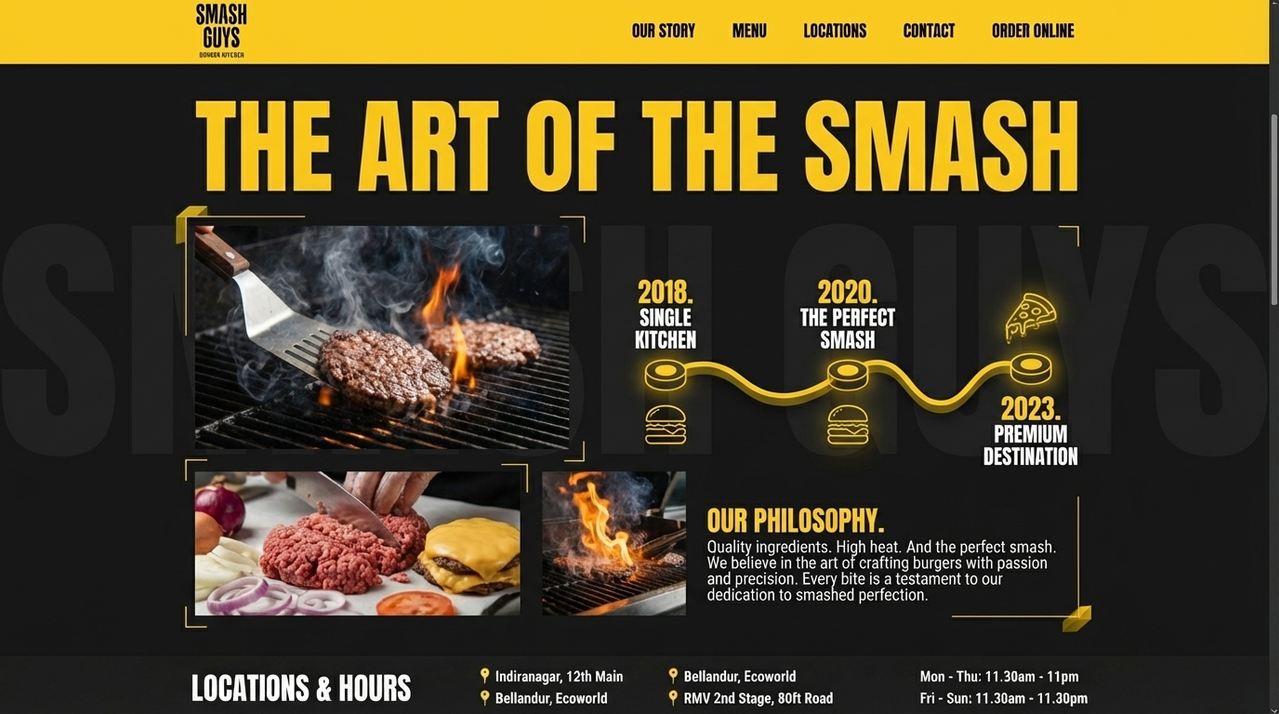Smash Guys brand story page showing restaurant timeline from 2018 single kitchen to 2023 premium Bangalore destination