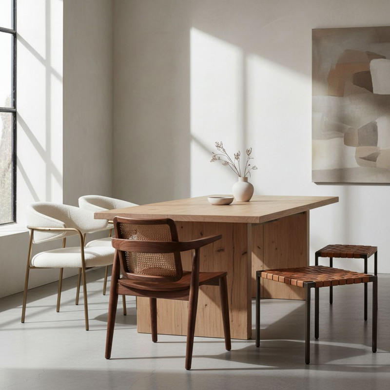 Разнообразие стилей и материалов стульев в интерьере: сочетание натурального дерева, металла и текстильной обивки для создания гармоничного дизайна.