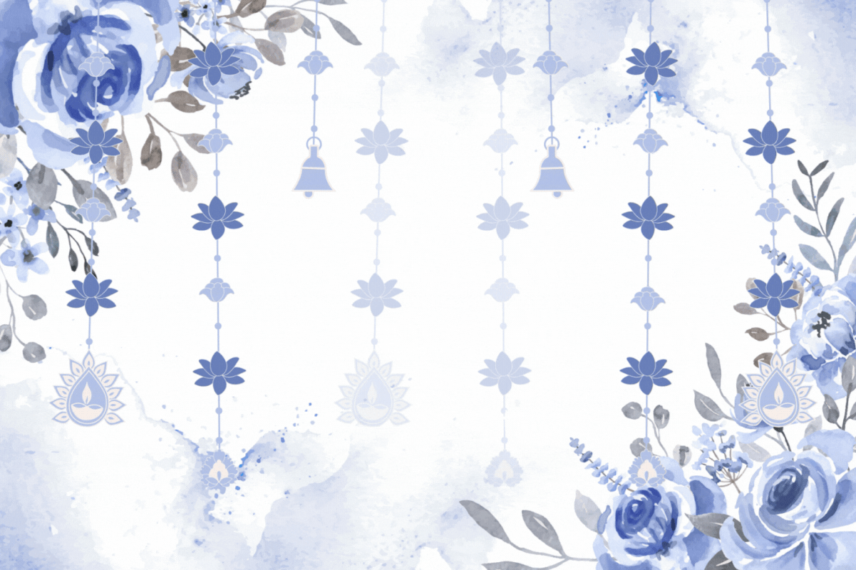 A full floral border with blue and gold flowers.