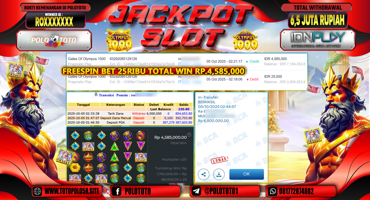 POLOTOTO JACKPOT SLOT GATES OF OLYMPUS 1000 Rp.6.500.000,- LUNAS
