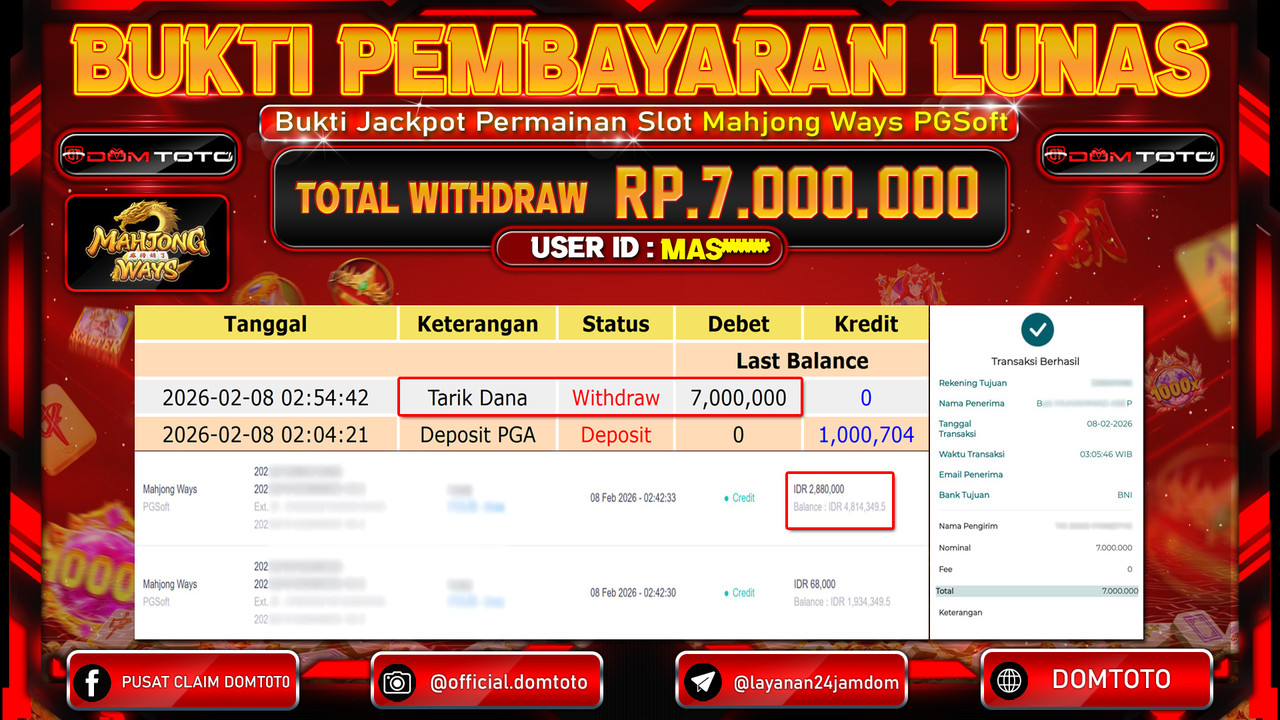 JACKPOT SLOT Mahjong Ways PGSoft 08 FEBRUARI 2026