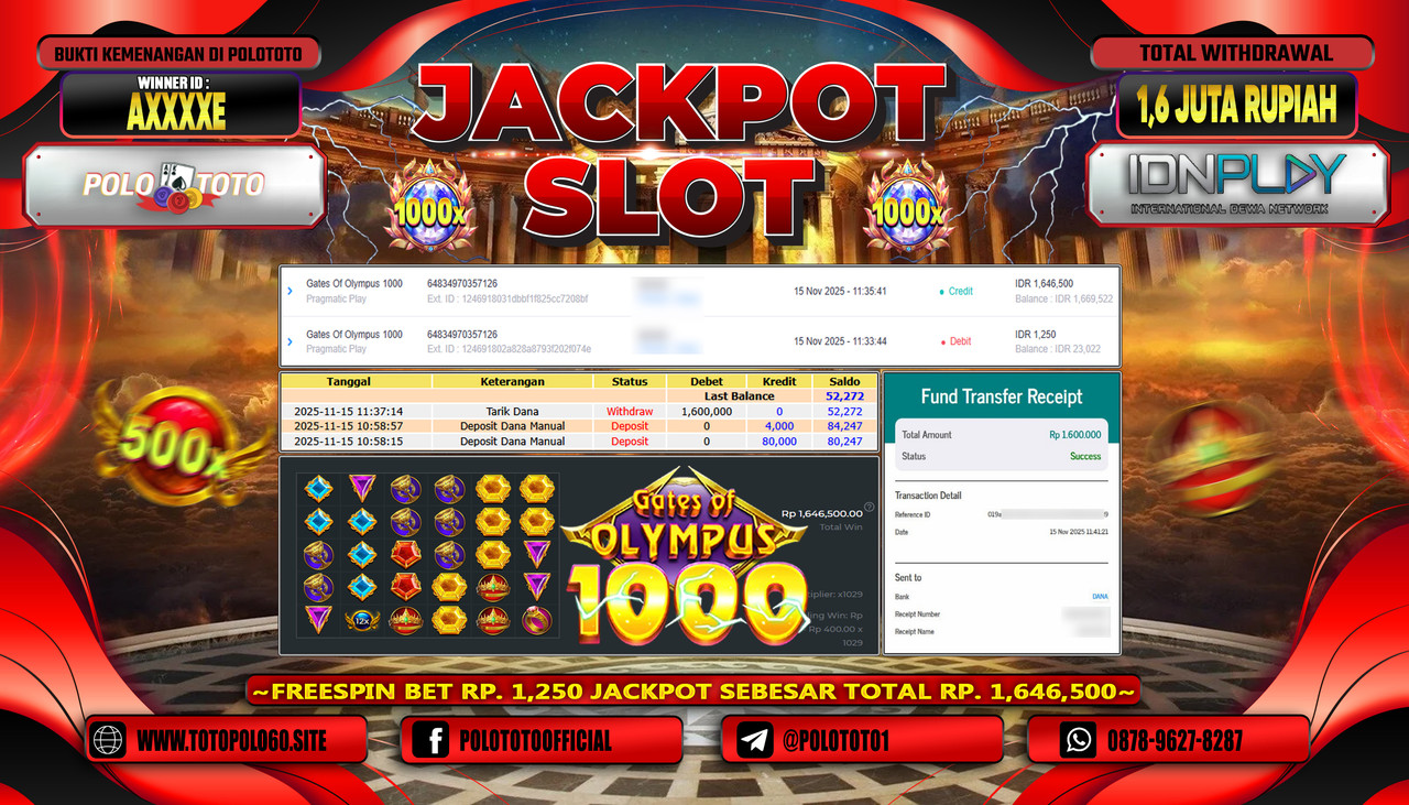 POLOTOTO JACKPOT SLOT GATES OF OLYMPUS 1000 Rp.1.600.000,- LUNAS