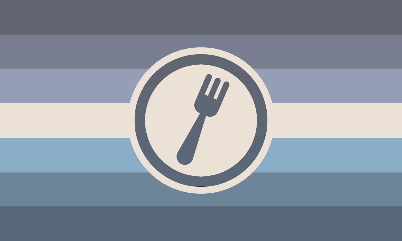 a rectangular flag with 7 equally-sized horizontal lines. colors in order from top to bottom are a gradient from darkish grey-blue to pale yellow to darkish grey-cyan. in the center of the flag is a dark grey-blue circle outline outlined and filled with pale yellow. in the center of the circle is a dark grey-blue fork symbol.
