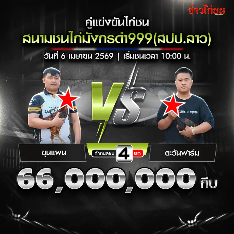 ขุนแผน vs ตะวันฟาร์ม โปรแกรมไก่ชน สนามชนไก่มังกรดำ999 วันที่ 6 เมษายน 2569