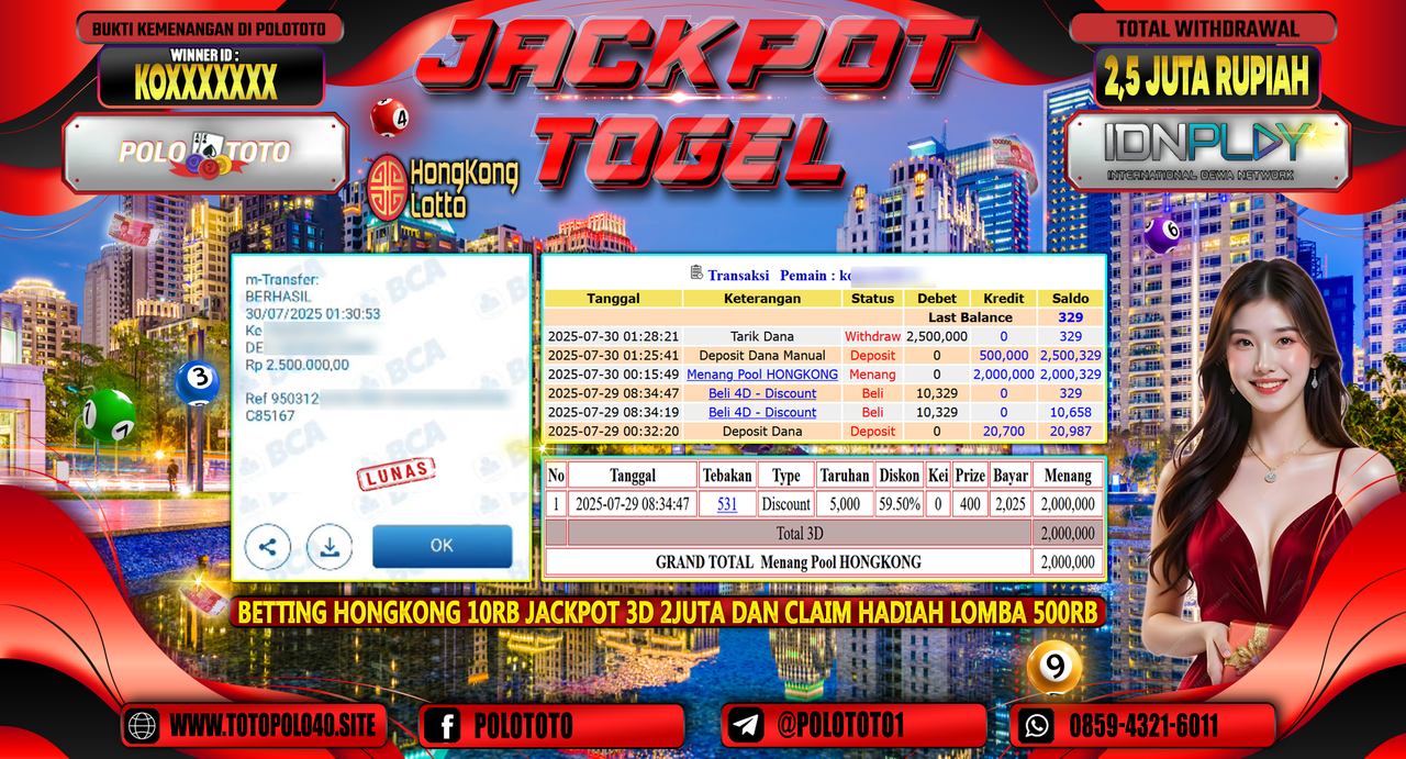POLOTOTO JACKPOT TOGEL HONGKONG LOTTO Rp.2.500.000,- LUNAS