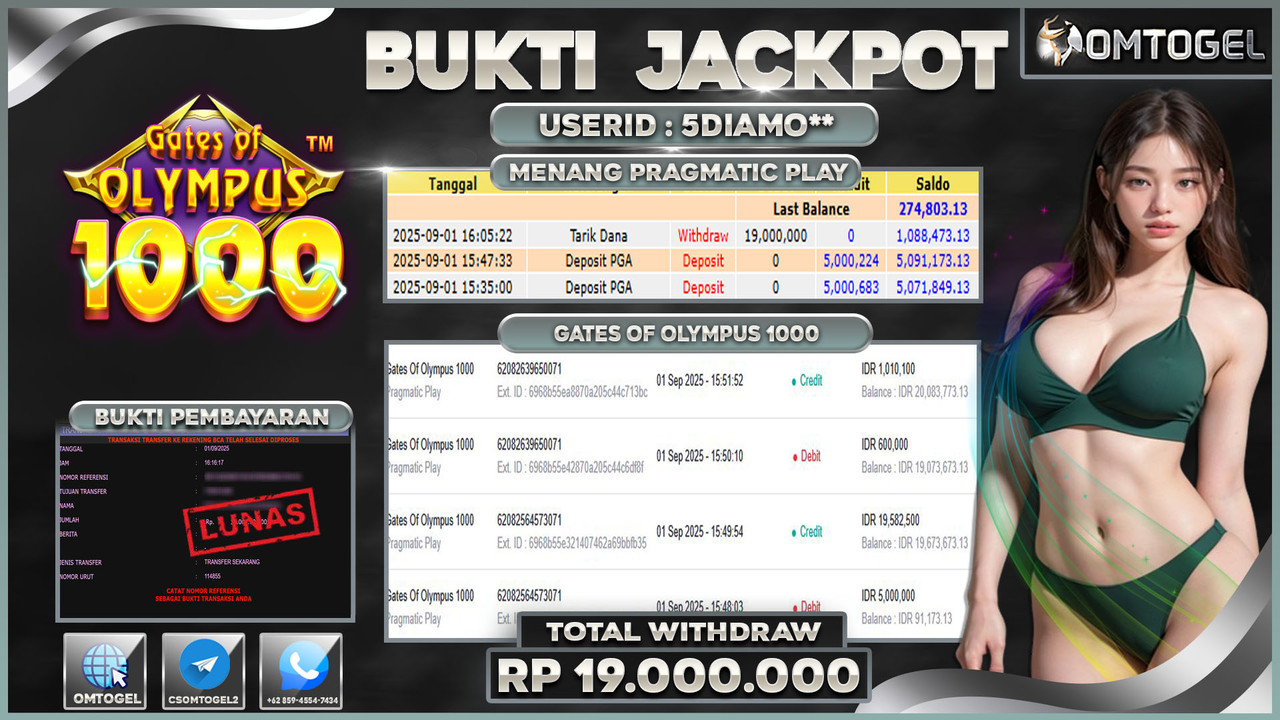 OMTOGEL JACKPOT PRAGMATIC PLAY GATES OF OLYMPUS 1000 19 JUTA DI BAYAR LUNAS ,-