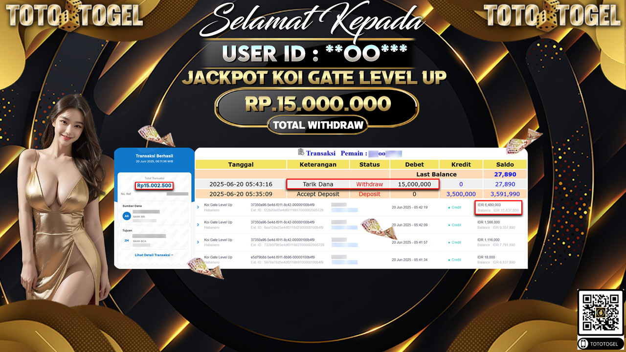 Bukti Pembayaran Jackpot Permainan Slot Koi Gate Level Up ID:**OO*** LUNAS