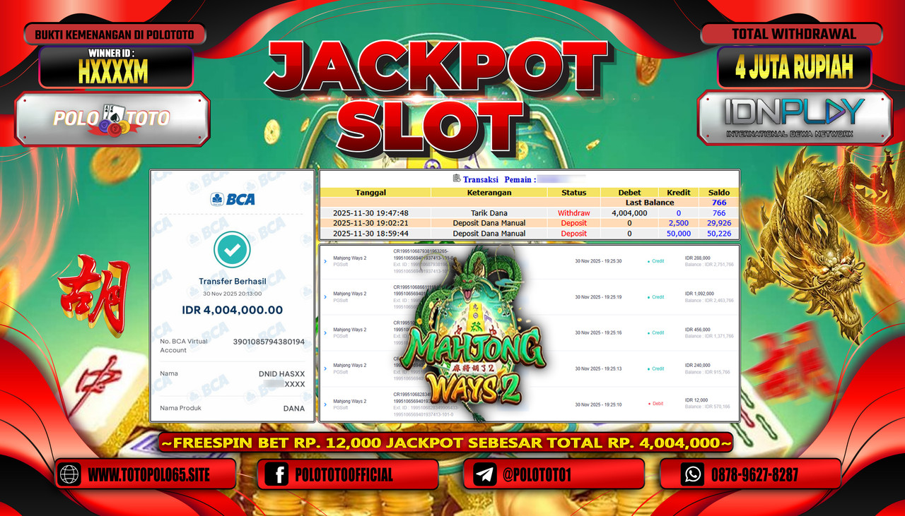 POLOTOTO JACKPOT SLOT MAHJONG WAYS 2 Rp.4.000.000,- LUNAS