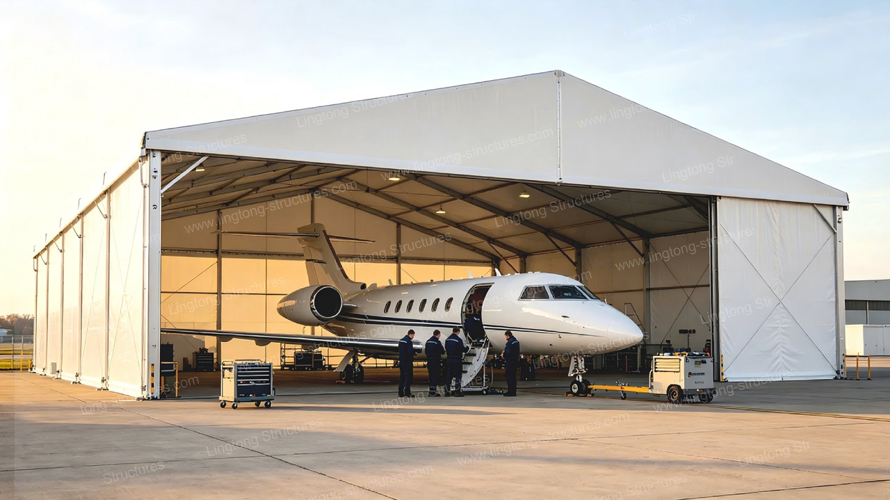 European flight training institution using customized extra-large span aviation hangar tent for flight training operations
