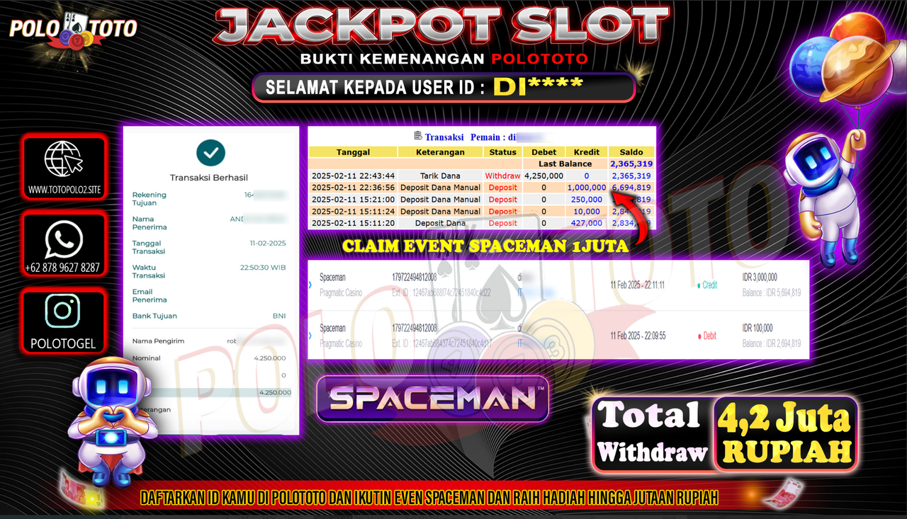POLOTOTO JACKPOT SLOT SPACEMAN Rp.4.250.000,-