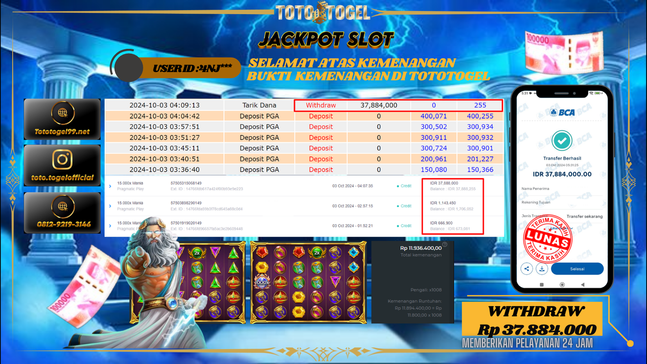 Bukti Kemenangan Permainan Slot 15.000x Mania  ID : 4ANJ** Terbayar Lunas!!