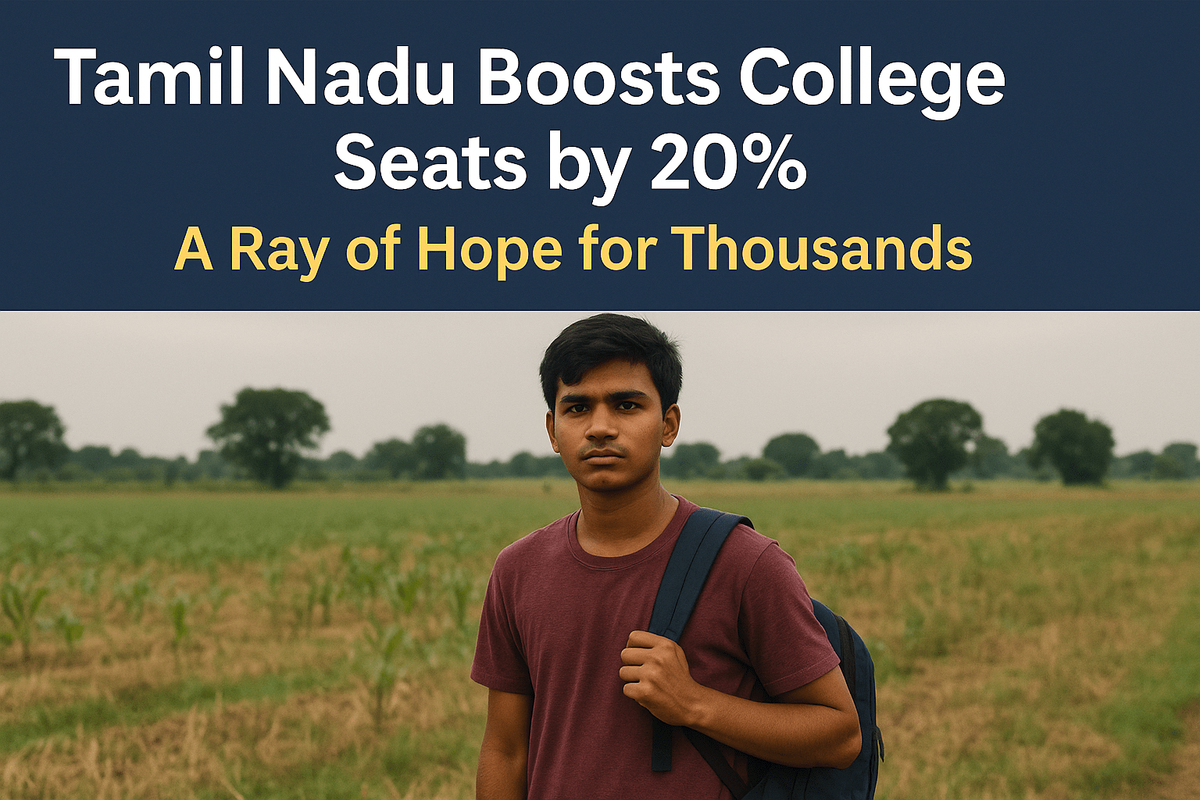 A realistic banner showing happy students in Tamil Nadu celebrating the 20% increase in college seats, with emotional expressions of hope and pride.