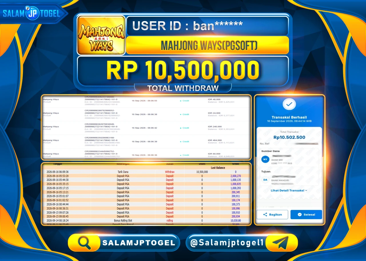 SALAMJPTOGEL JACKPOT MENANG SLOT MAHJONG WAYS Rp.10,500,000 - LUNAS