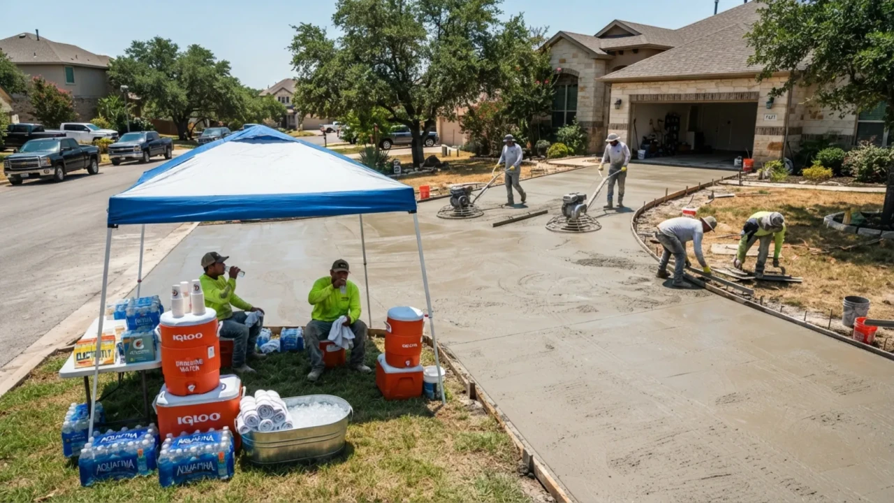 Summer concrete driveway pour San Antonio heat precautions