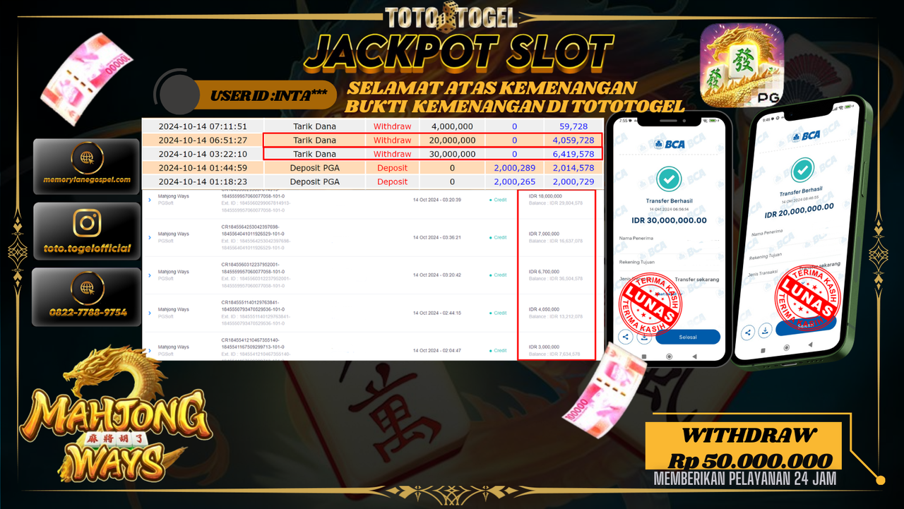 Bukti Kemenangan Permainan Slot Mahjong Wayz  ID : INTA*** Terbayar Lunas!!