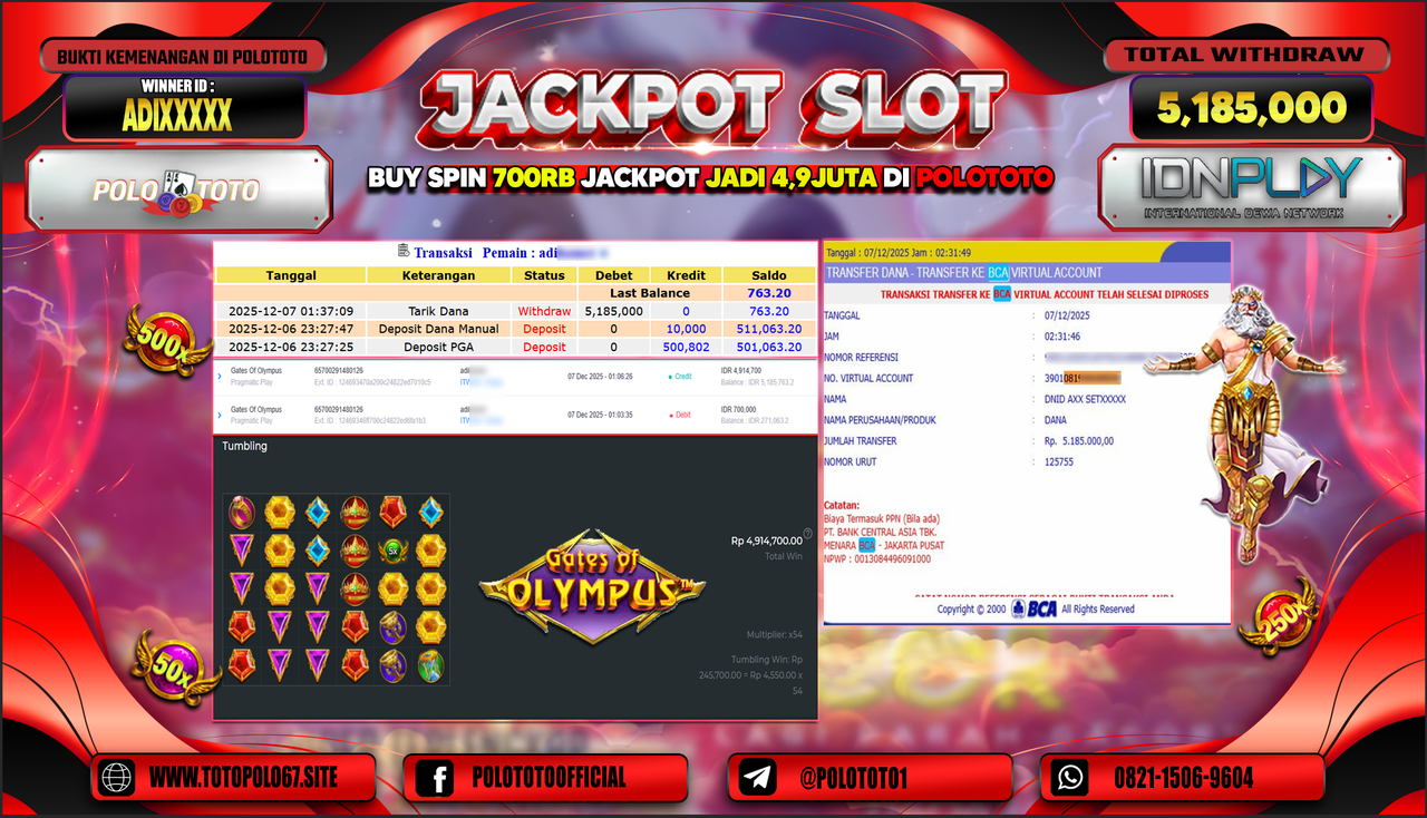 POLOTOTO JACKPOT SLOT GATES OLYMPUS Rp.5.185.000,- LUNAS