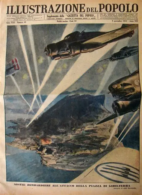 Portada de la revista de noticias italiana, Illustrazione del Popolo, representa el bombardeo italiano de Gibraltar en 1942