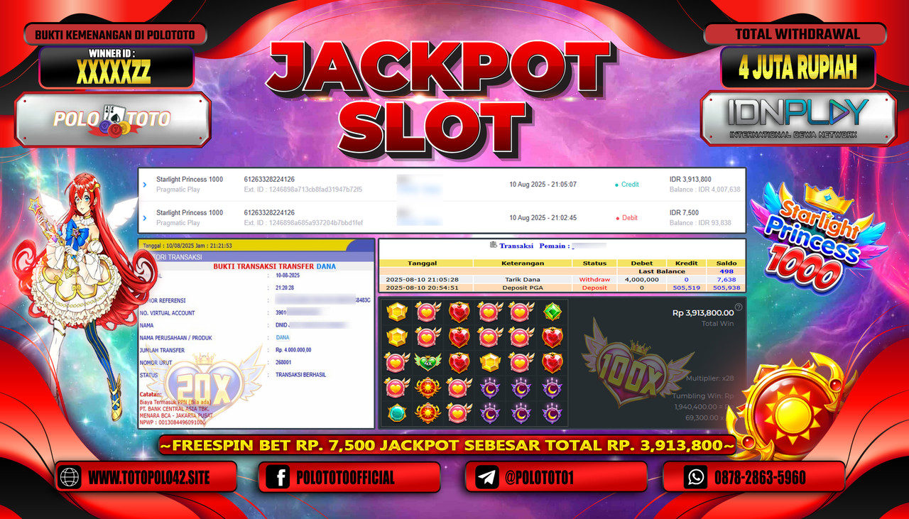 POLOTOTO JACKPOT SLOT STARLIGHT PRINCESS 1000 Rp.4.000.000,-LUNAS