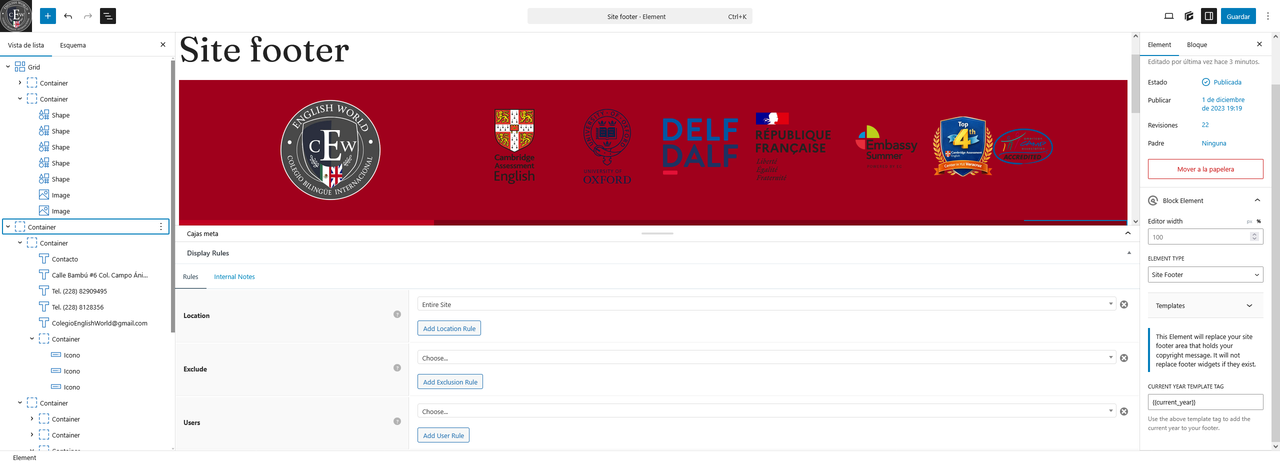 Screenshot 2026 05 19 at 16 20 21 Edit Element Site footer Colegio English World Word Press