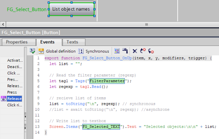 WinCC Unified Runtime objects of the active screen list WinCC Unified Runtime objects of the active screen list