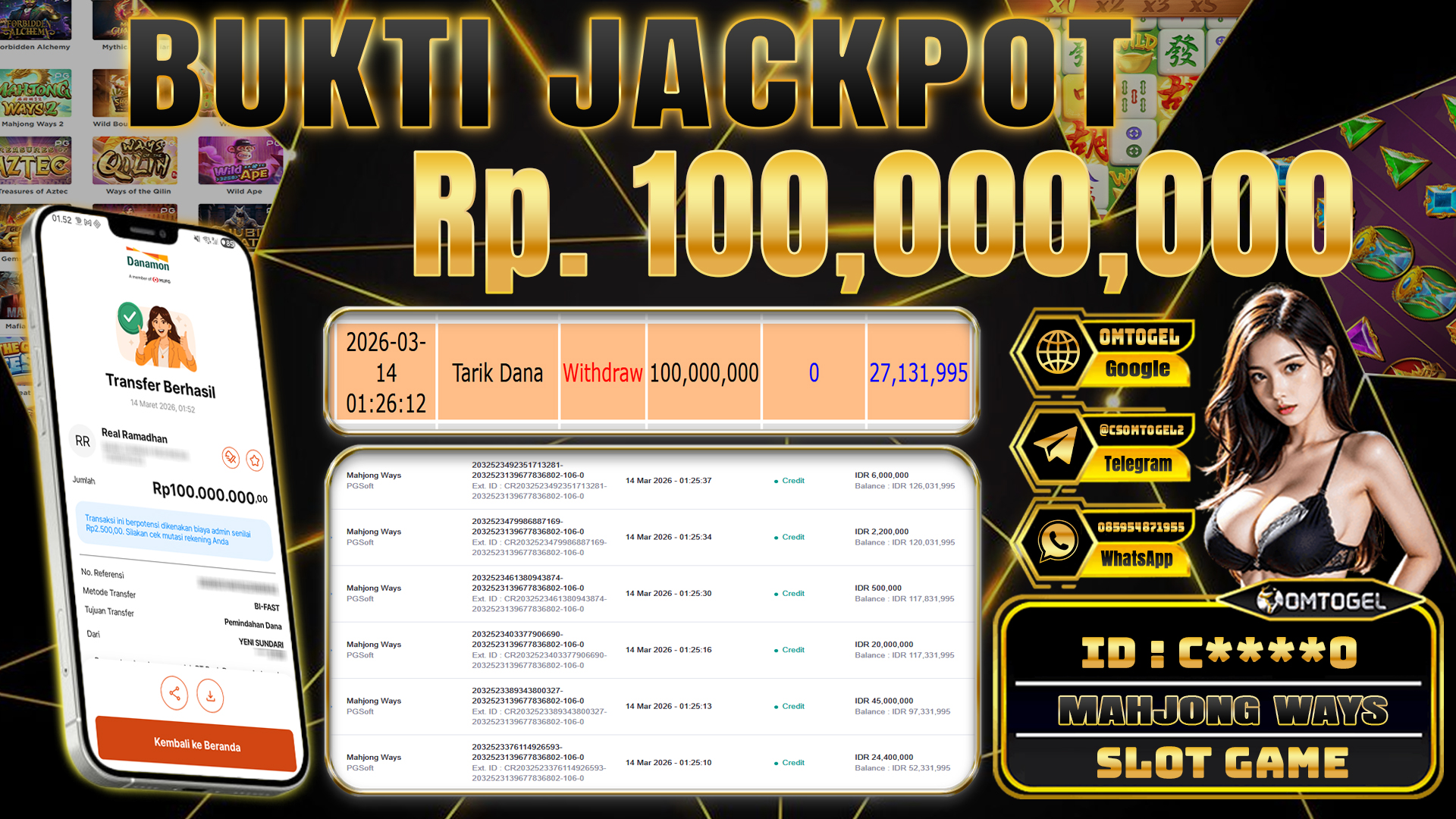 OMTOGEL JACKPOT PG SOFT MAHJONG WAYS, 100 JUTA DI BAYAR LUNAS ,-