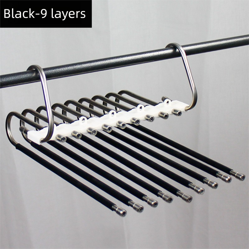 9-Layers Black Stainless Steel Pants Rack with Horizontal / Vertical Modes and Expandable Pull-Out Rods - High-Load Folding Magic Hanger
