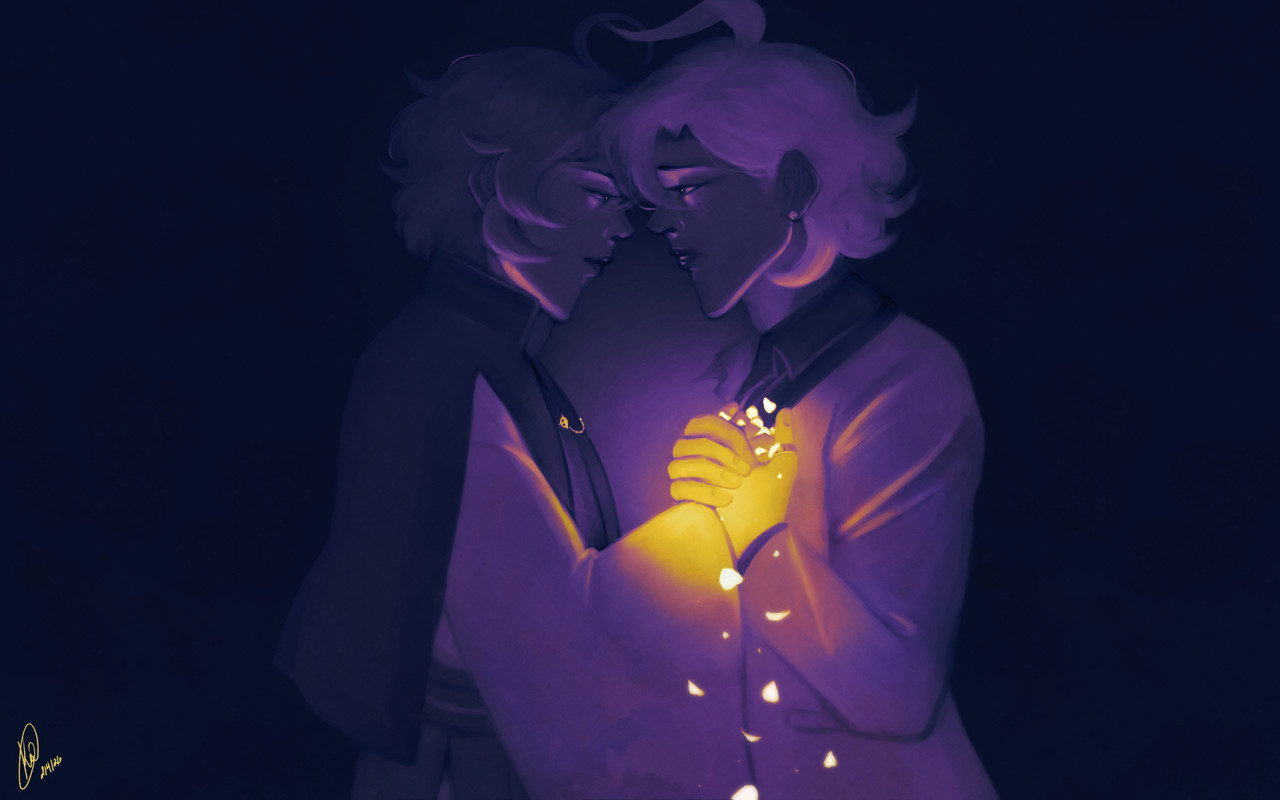 An illustration featuring Izanami Hifumi/Yumeno Gentaro (Hypnosis Mic). Against a dark background, Gentaro and Hifumi face each other; forehead against forehead. Gentaro grips the rose on Hifumi's chest, the petals falling, while Hifumi grips Gentaro's hand with both of his. Hifumi's chest--heart--glows gold. The light illuminates the two of them. Gentaro's expression is conflicted, gaze fixated on Hifumi's hand's holding his, whereas Hifumi looks directly at Gentaro with longing