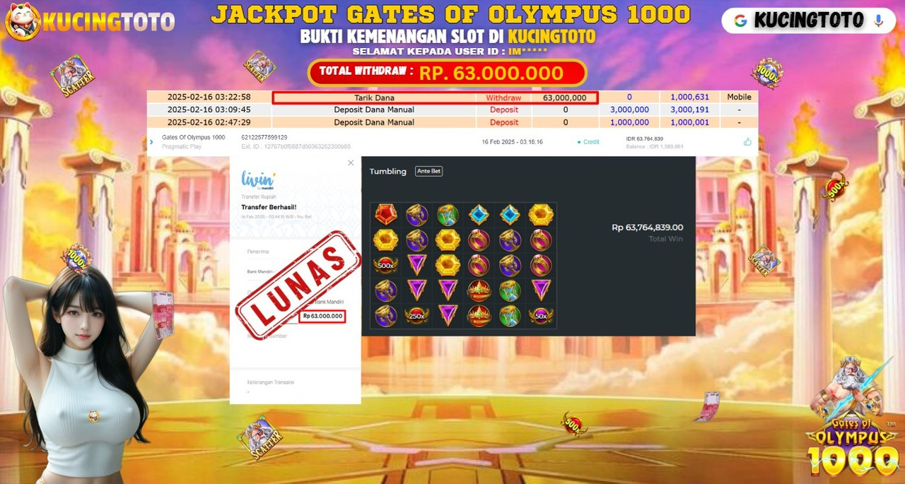 KUCINGTOTO JACKPOT SLOT GATES OF OLYMPUS 1000 RP.63.000.000.,- LUNAS