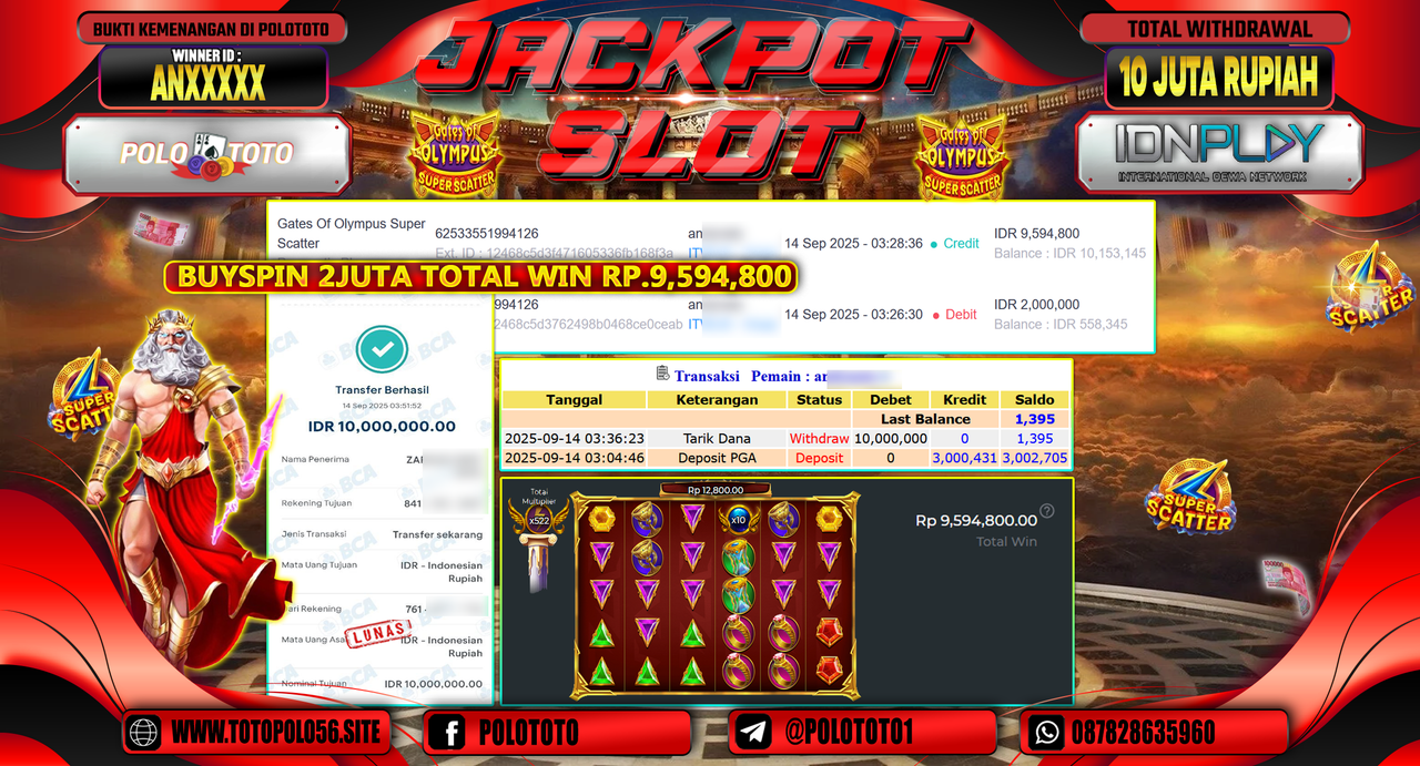 POLOTOTO JACKPOT SLOT GATES OF OLYMPUS SUPER SCATTER Rp.10.000.000,-
